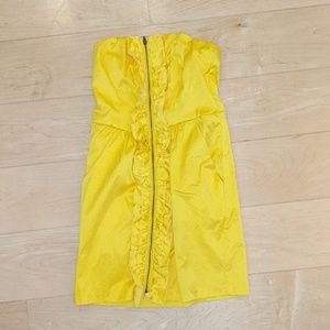 Strapless zip up yellow dress with ruffle + pocket